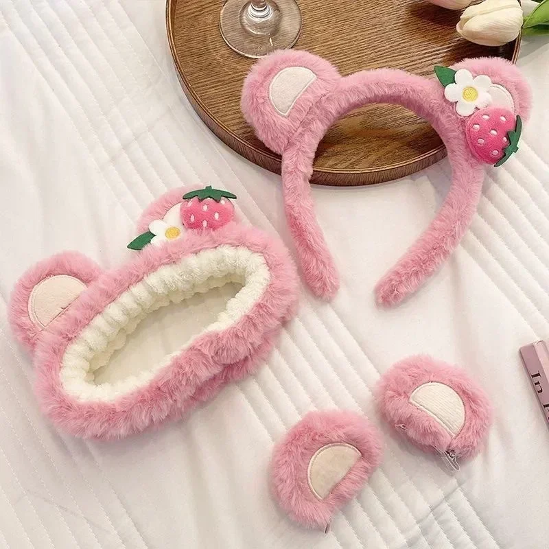Strawberry Bear Special Facial Hair Band, Women's Hair Band with Facial Mask, Hair Band for Home Use, Plush Hair Band