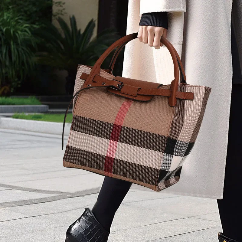 

Echt Lederen Canvas Tas Grote Capa Cityretro Plaid Dames Handtas Luxe Koeienhuid Tas