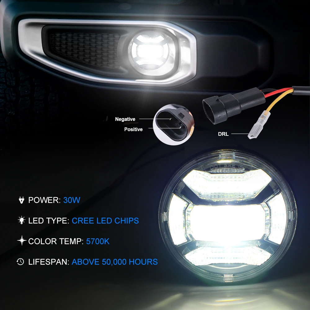 30W 4 Inch LED Fog Lights for Jeep Wrangler JK JKU LJ TJ Dodge Chrysler Journey Magnum with White DRL Turn Signal Passing Lamp