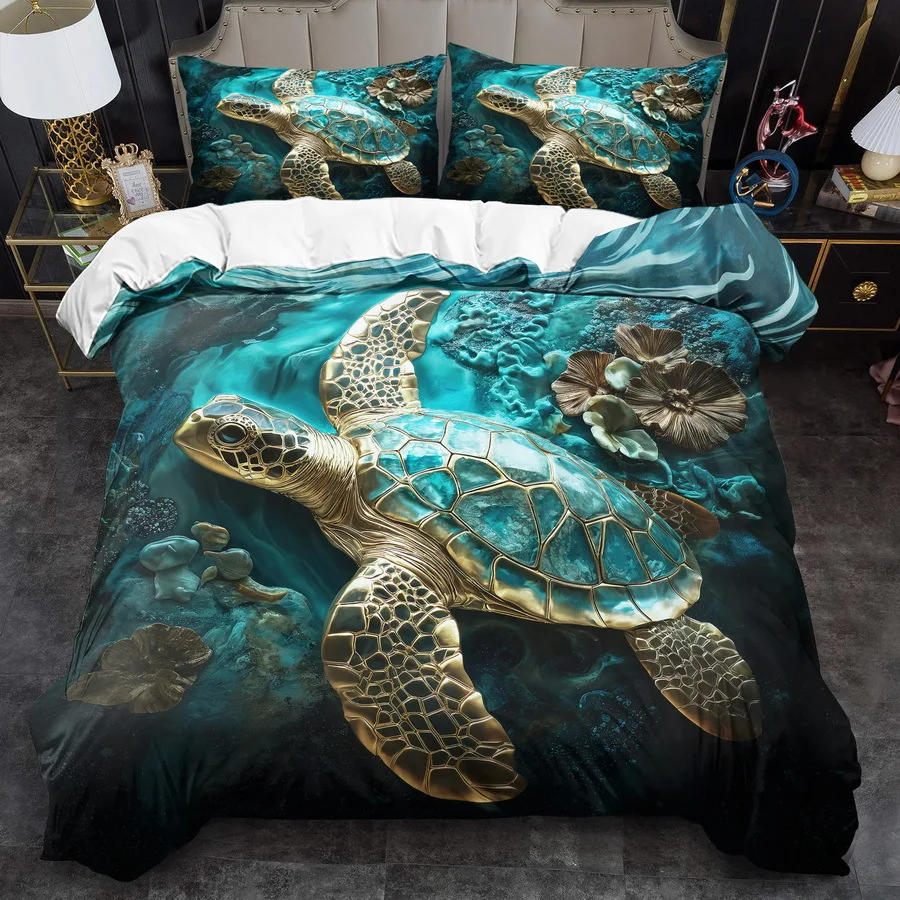 Fantasy Synthetic Gemstone Turtle Print Duvet Cover Set King Queen Size Bedding Quilt Decor for Bedroom Guest Room