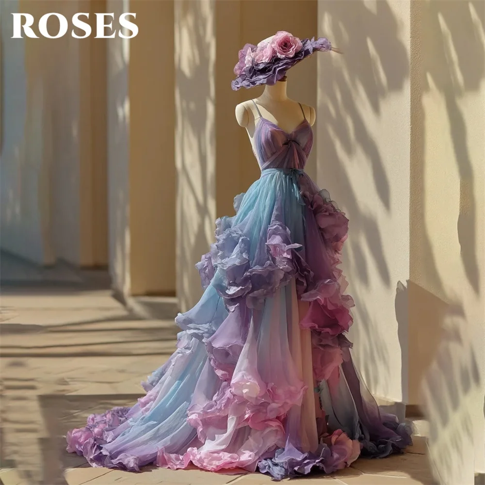 ROSES Pastel Ombre Party Dress Spaghetti Strap فساتين السهرة Layered Tulle Night Dress Celebrity Dress Customized