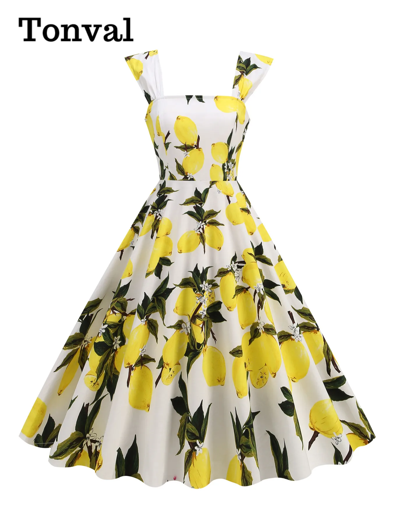 Tonval Square Neck Floral 50s Pinup Women Cotton Dress 2024 Sleeveless Vintage Party Wear Flare Long Dresses