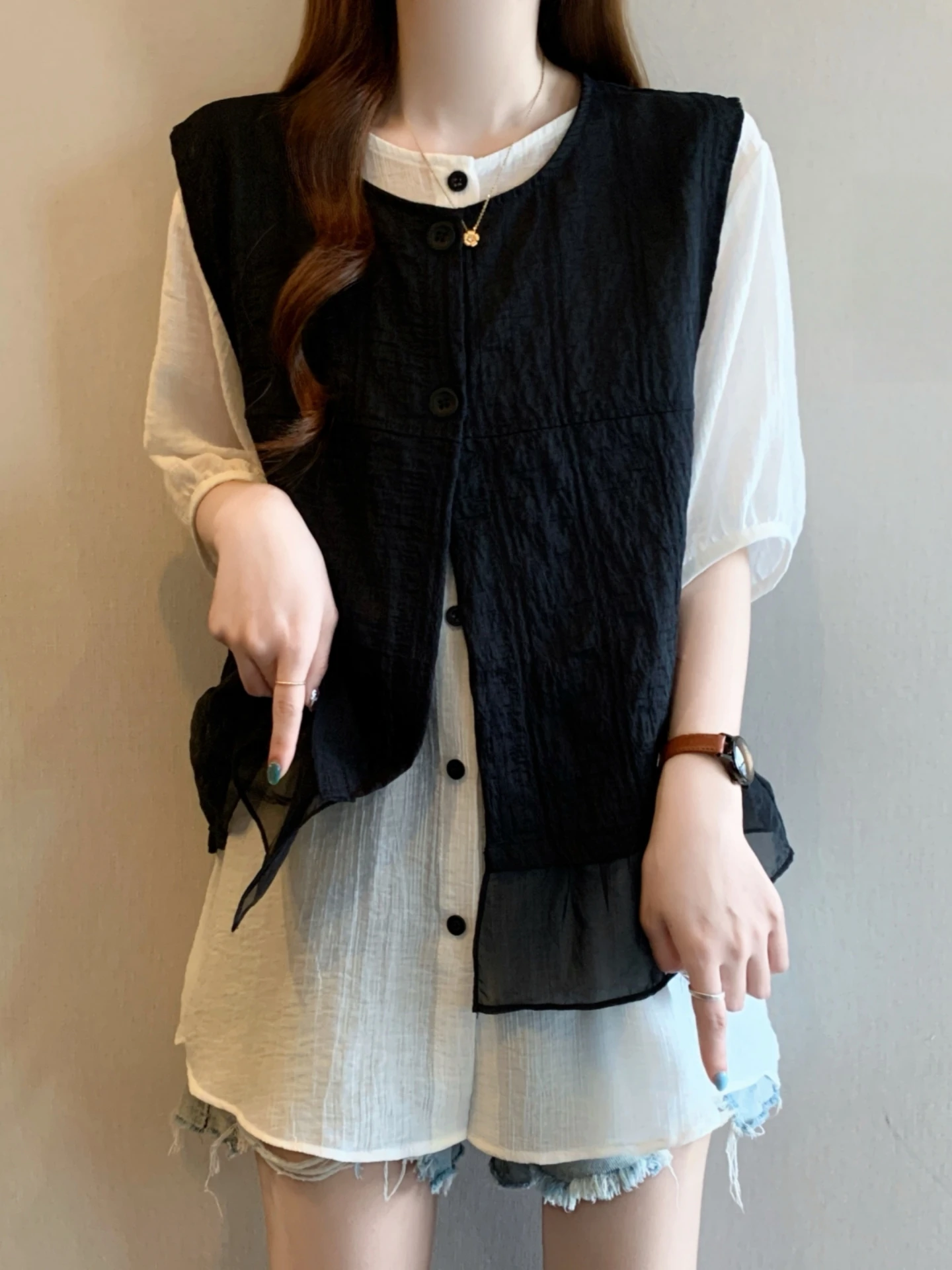 

Anti-Aging Summer Set Women's plus Size Micro Fat MM Meat Concealment Layering Vest Tank Short Sleeve White Shirt Two-Piece Set