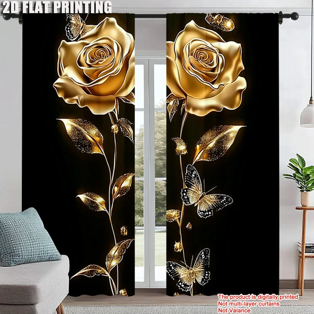 

2Pcs Golden Rose Floral And Butterfly Digital Printed Curtain Aesthetic Window Drapes Rod Pocket For Bedroom Living Room