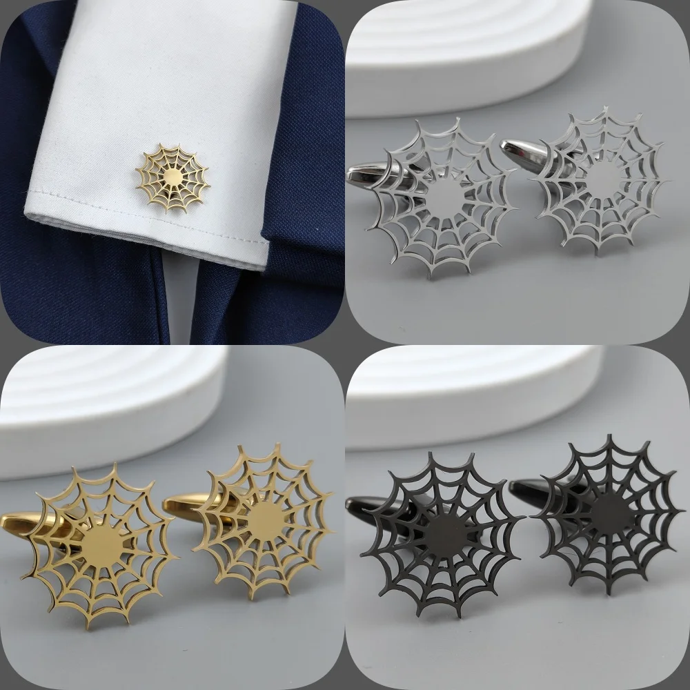 

Silver spider web hollow gold-plated cufflinks, French shirt cuff accessories in black, matching with men's suits