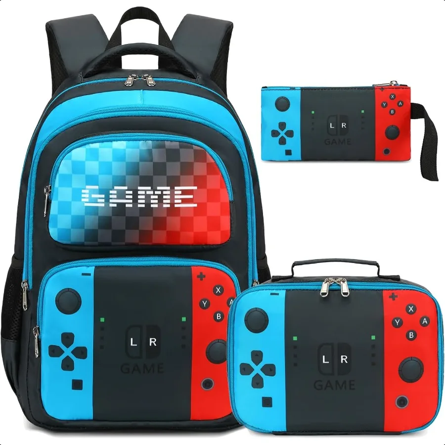 

School Backpack Boys Game Bookbag for Elementary School Backpack with Lunch Box Blue