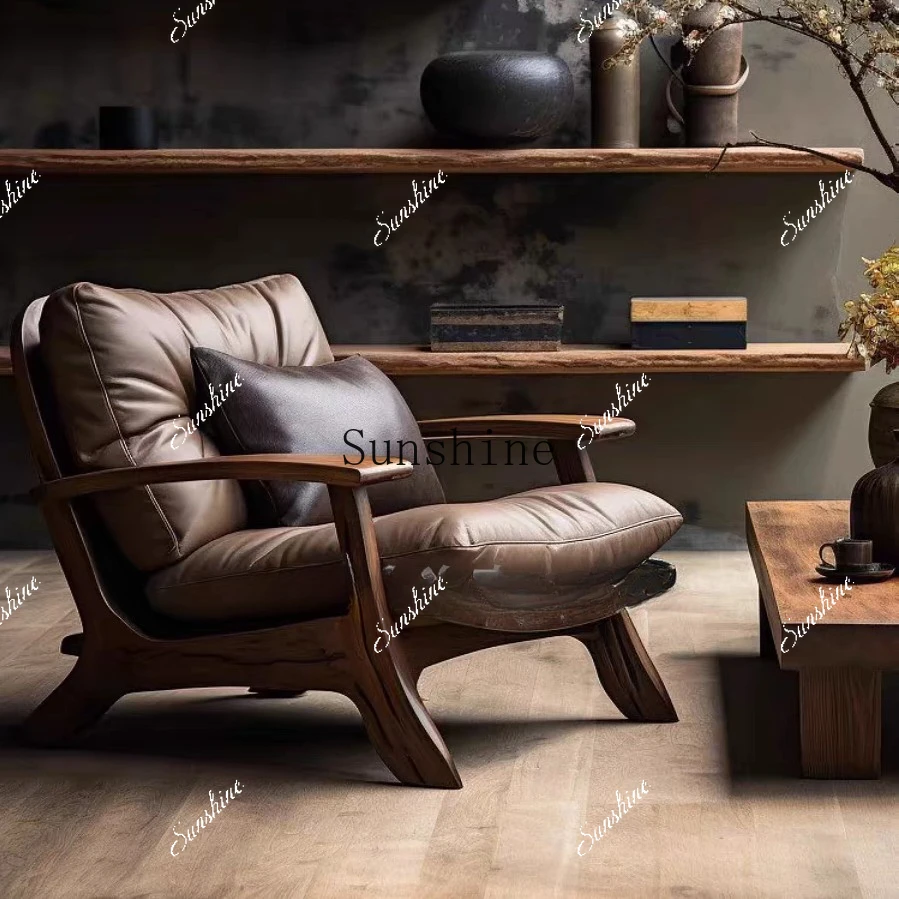 Chinese solid wood retro single sofa living room casual lazy armrest recliner  FT