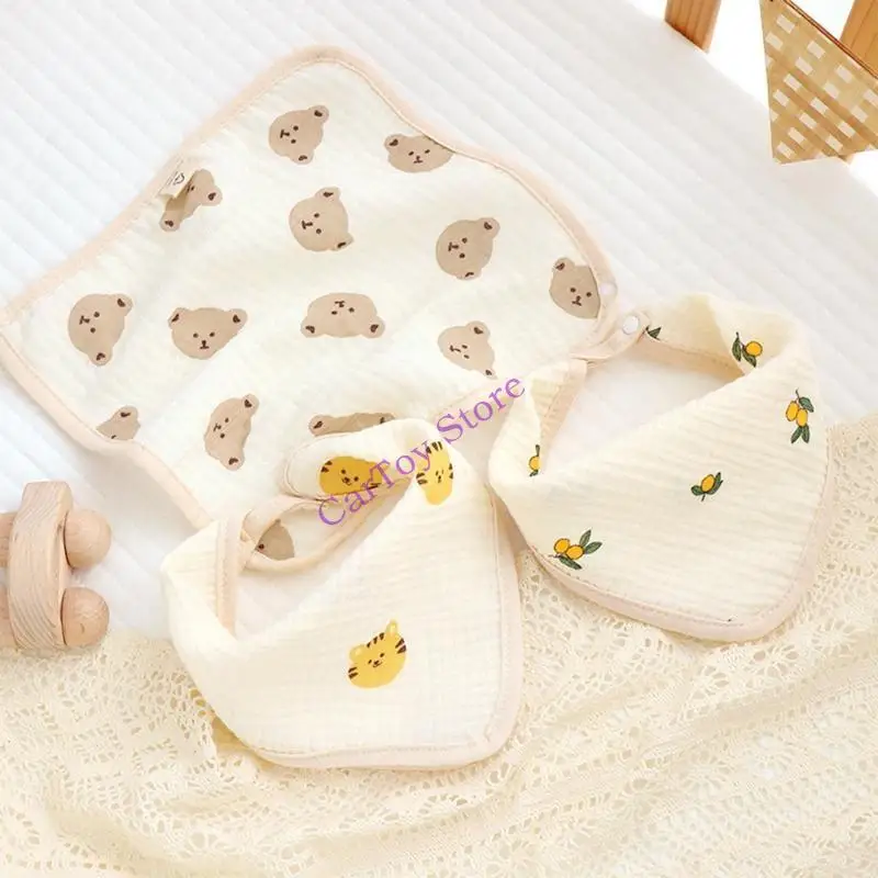 

634F Baby Bib Cotton for Triangle Towel Cartoon Pattern Button Soft Saliva Towel for Newborn Infant Girls Boys Feeding D