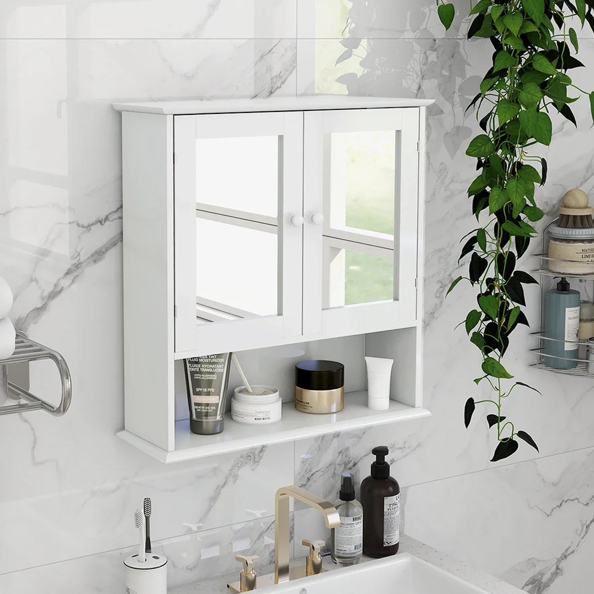 

For Bathroom Cabinet Laundry Room Kitchen Wood Hanging Wall Mounted White Storage Cabinet with Double Mirror Doors