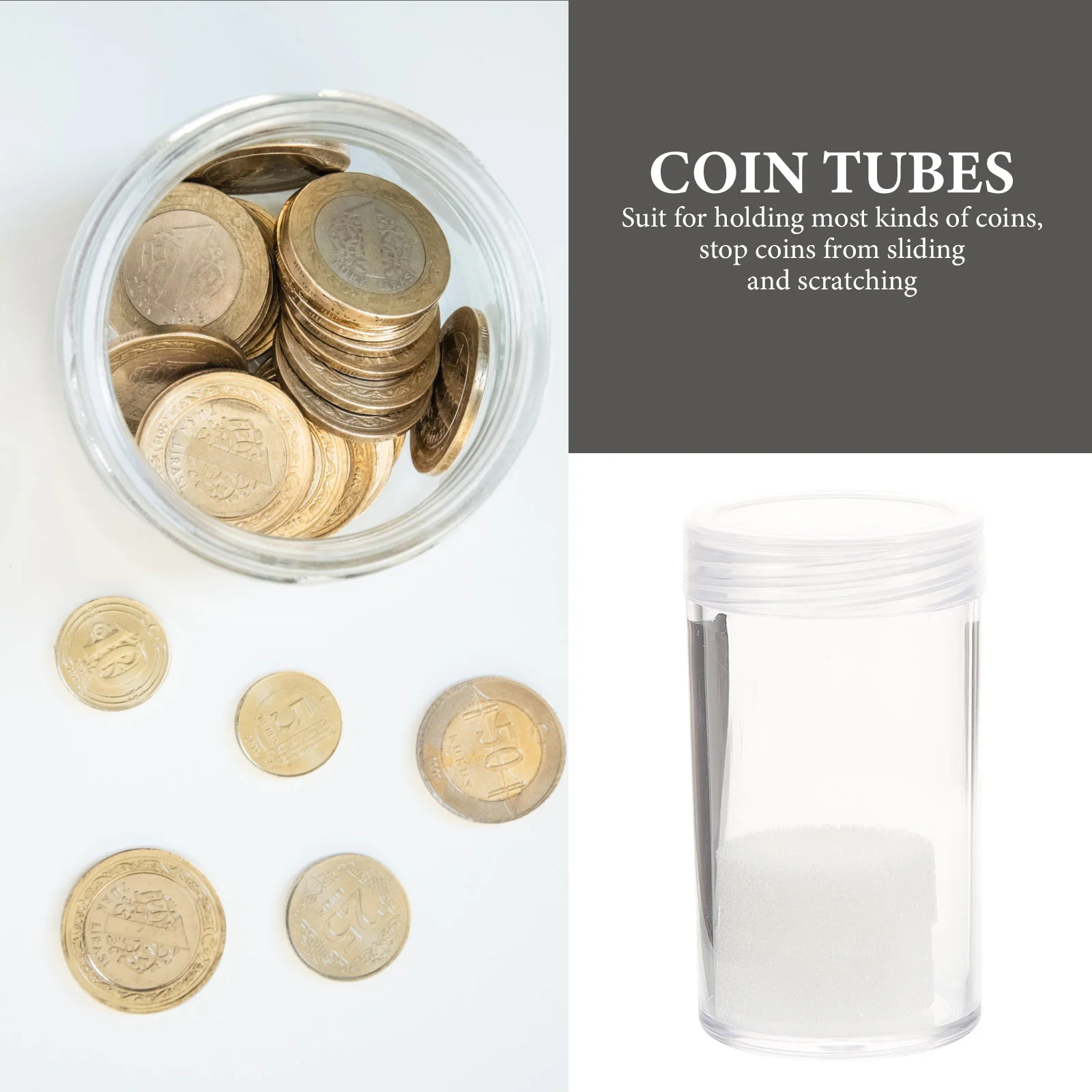 Organizador de monedas coleccionables, tubo de medio dólar, contenedor de almacenamiento de suministros, soportes de plástico, tubos y monedas, 2 uds.