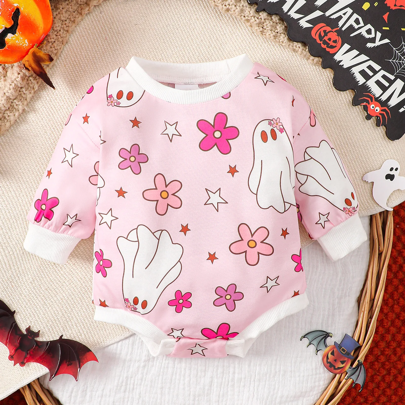 

Halloween Children's Clothing 2024 Autumn New Style Baby Girl Long Sleeved Ghost Pumpkin Print Triangle Jumpsuit