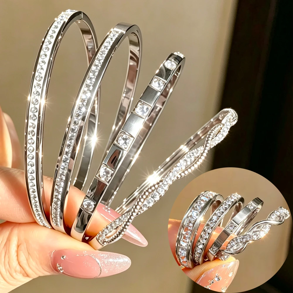 Yupsk 8-teiliges Set aus Edelstahl-Armbändern und -Ringen für Damen, exquisiter, glänzender Schmuck mit Zirkonia-Einlagen, geeignet für den täglichen Gebrauch. – Detail 3