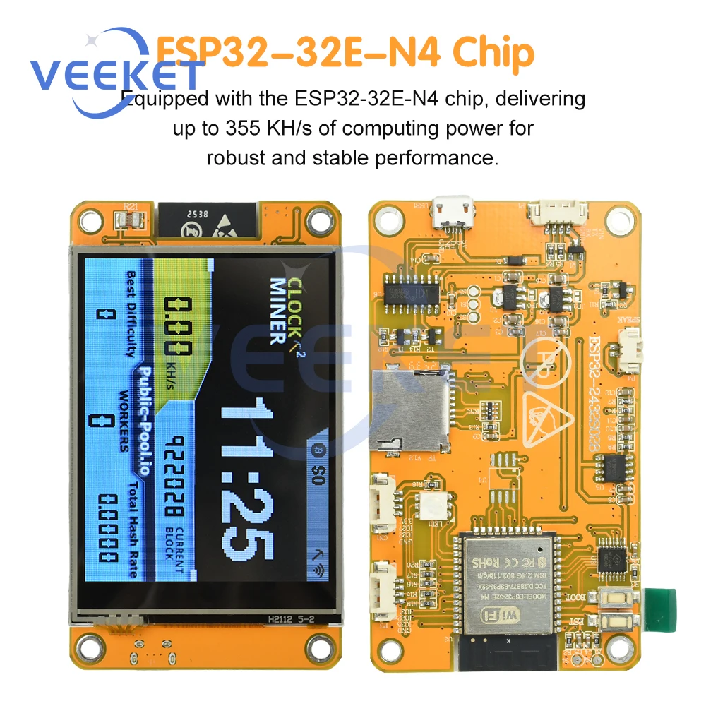 

ESP32 Development Board with 2.8-inch OLED Touch Screen 355KH/s Hash Rate BTC Mining Micro USB Interface Stable Performance