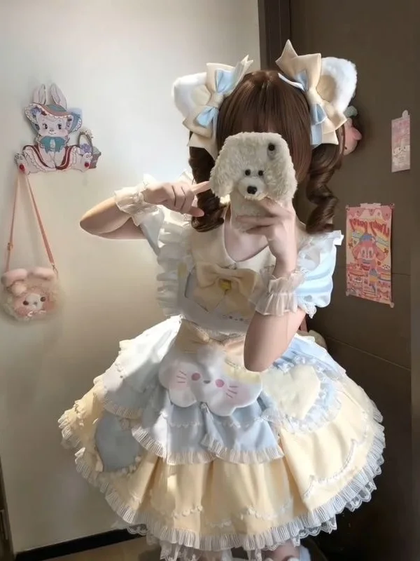 Set grembiule con stampa Sweet Lolita Bubble giallo Sve Vita alta ort Gonna estiva primaverile Colletto per bambola in due pezzi Blocco colore...