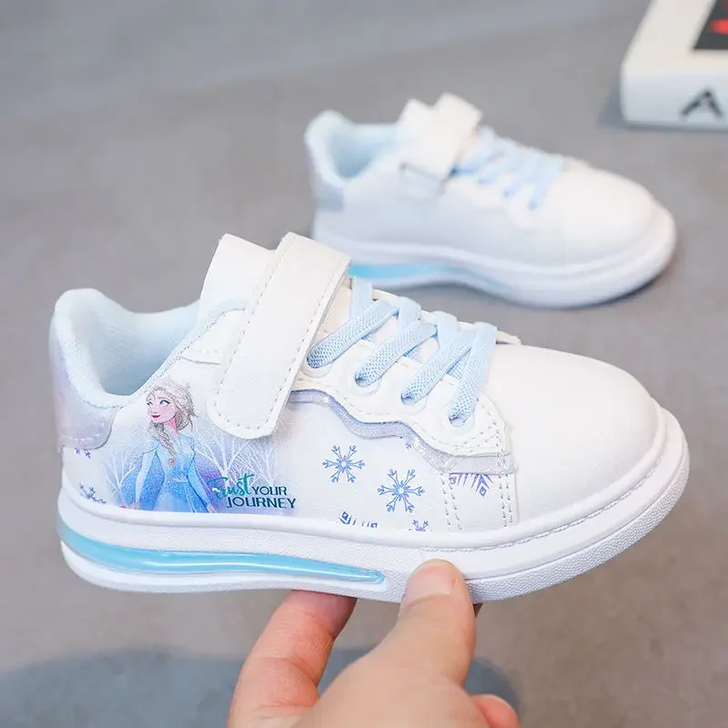 Disney wiosenne i jesienne nowe dziewczęce buty na co dzień Elsa księżniczka studenci miękka podeszwa białe buty wodoodporne skórzane trampki