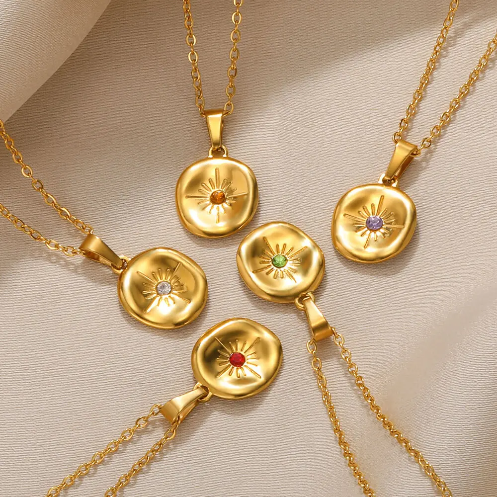 Retro Natural Stone Sun Pendant Necklace For Women Gold Color Stainless Steel Chain Fashion Bohemian Jewelry Gift