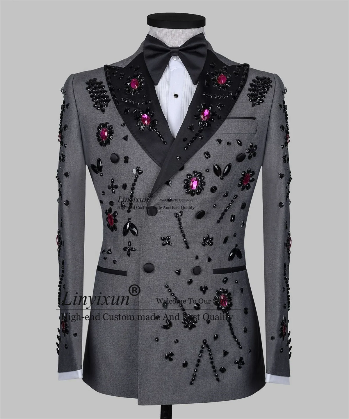 

Stunning Rhinestone Beaded Tuxedo Men Suits Slim Customized Wedding Party trajes para hombre 2 Pieces Sets Groom Prom Blazers