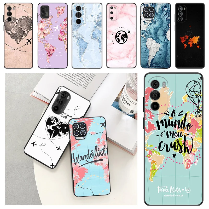 Phone Case For Motorola G71 G73 G72 G53 G52 G32 G22 G60 G51 G50 G31 G30 G9 Pink World Map Travel Black Soft Protective Cover