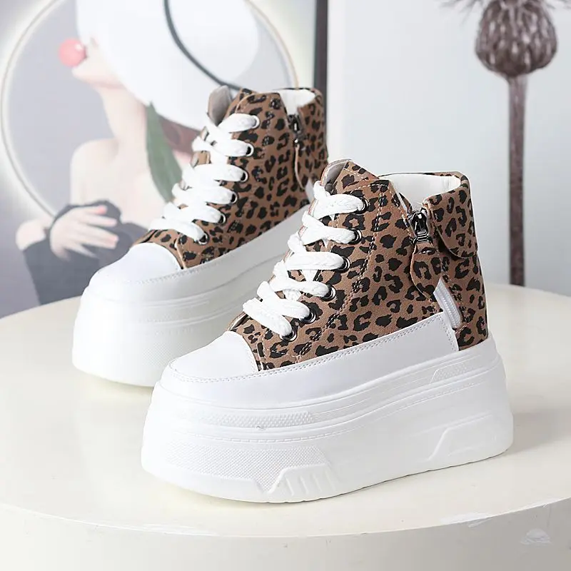 

High Top 12CM Genuine Leather Platform Heel Wedge Shoes Sneakers Ankle Mid Calf Boots Platform Boots Women Well-fitting Shoes