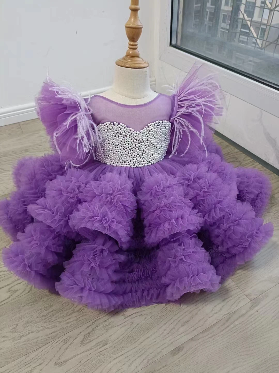 Vestido rosa de flores para niña, vestido de baile de princesa con cuentas de perlas, vestido hinchado para primera comunión, vestidos de desfile para niñas