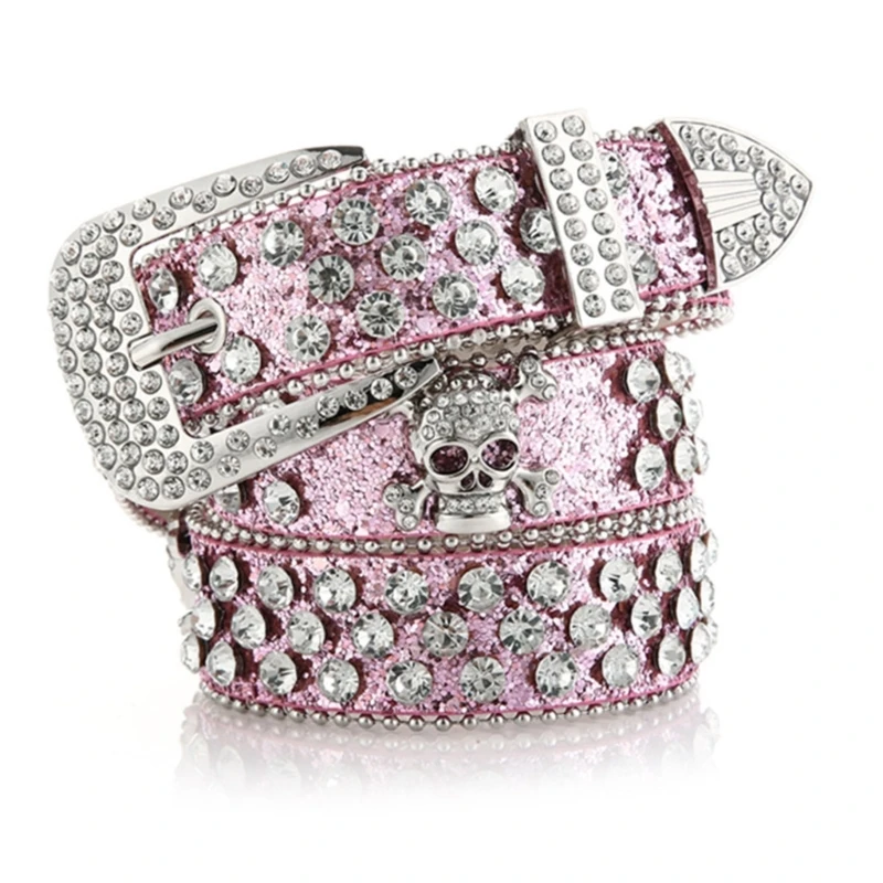 Head Skull Buckle Belts Women Pu-leather Strap Rhinestone Buckle
