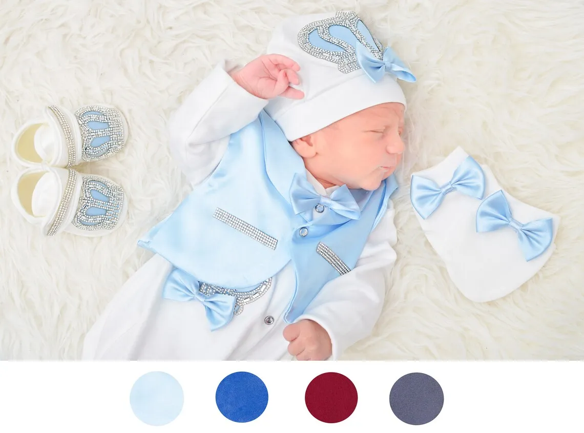 5pcs Newborn Baby Boy Outfits Blazer Vest Kids Clothing Cotton Infant Products Body Suit Shirt Pants Mittens Receiving Blanket