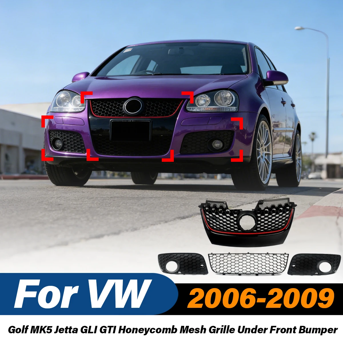 

Для VW Golf MK5 Jetta GLI GTI 2006-2009: Сетчатая решетка радиатора (сотовая структура) под передний бампер, воздухозаборник, комплект обвеса