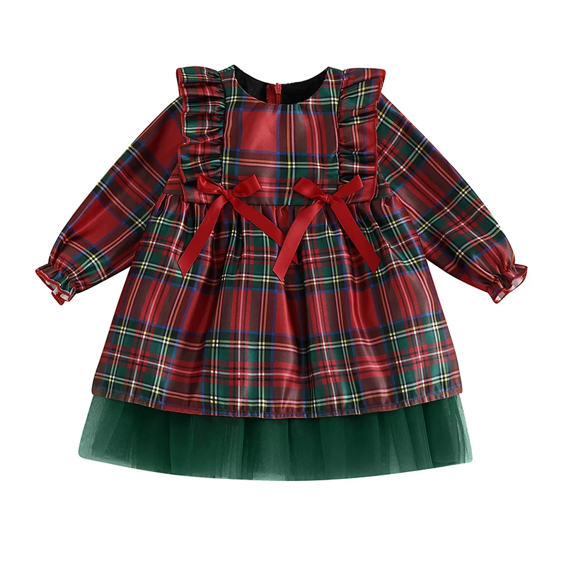 Little Girls Christmas Plaid Dress Bow Long Sleeve Round Neck A-Line Mesh Hem Dress