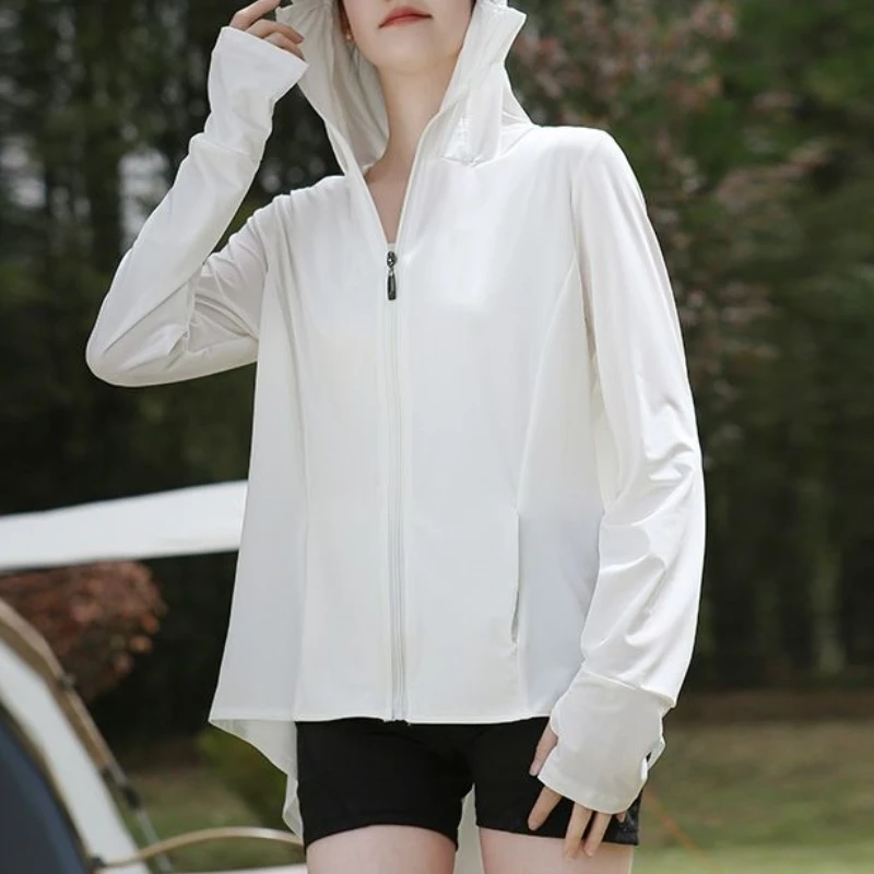 Front Short And Back Long UV Resistant Hooded Zippe Sunscreen Long Sleeve Top For Women New In Clothes Casual Solid Coat Fashion