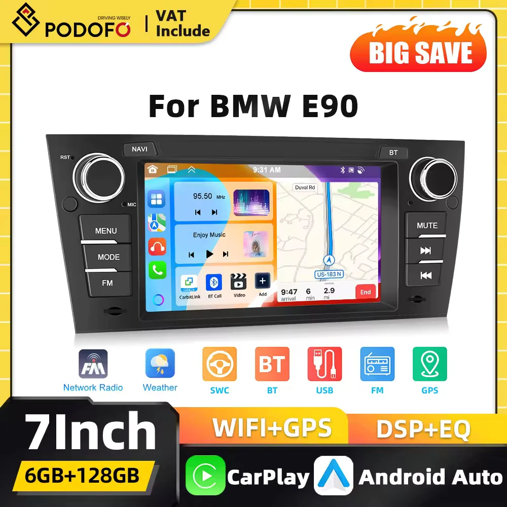 Podofo 6G+128G Carplay Android 2Din Autoradio für BMW 3er E90 2005 2006-2012 WIFI GPS-Navigation WIFI RDS BT Auto-Audio FM RDS Stereo