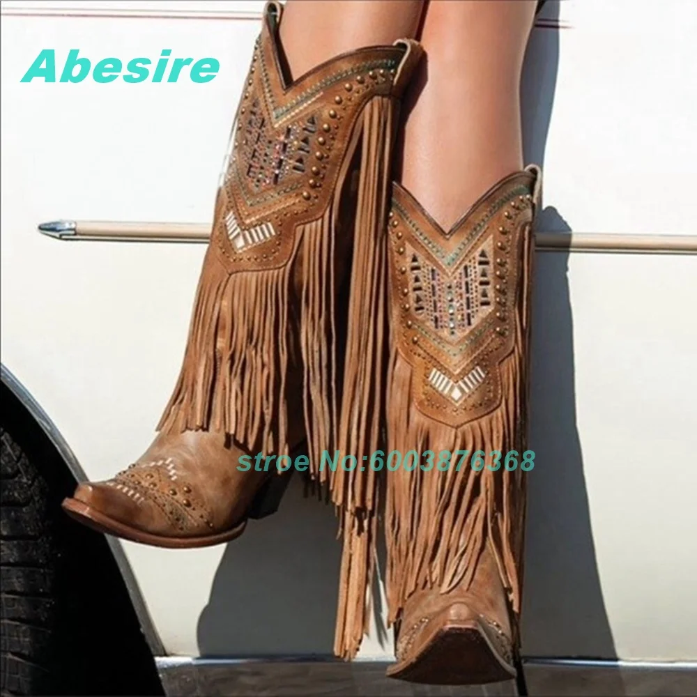 

Fringe Patchwork V-Cut Knee High Boots Pointed Toe Chunky Heels Slip On Shoes for Women Rivet Y2K Retro Spicy Girls Shoes New