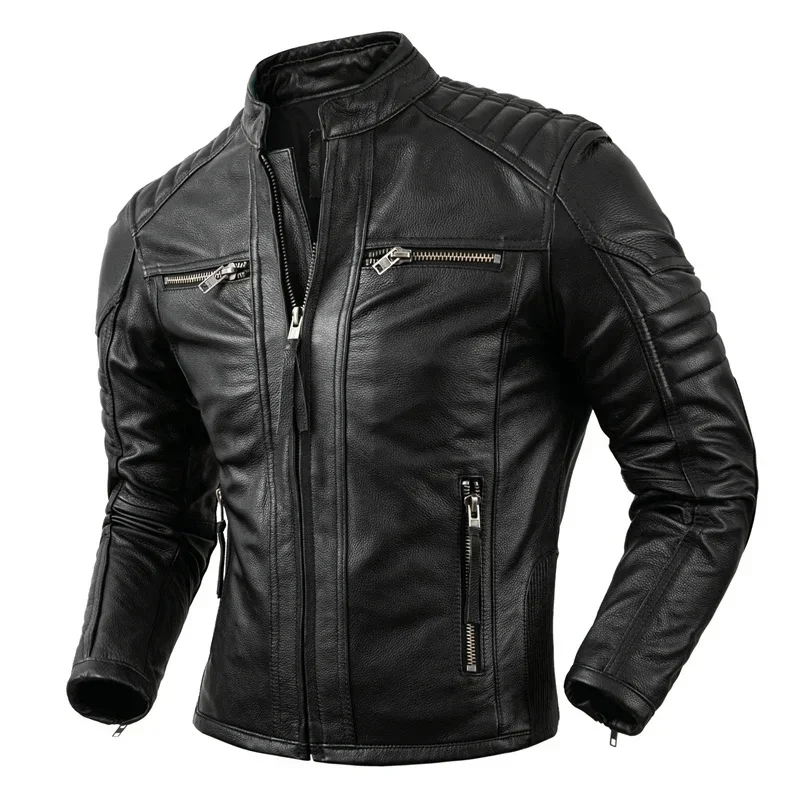 2025 New Motorcycle Causal Vintage Leather Coat Men Autumn Outfit Fashion Biker Pocket Design Top Layer Cow Jacket