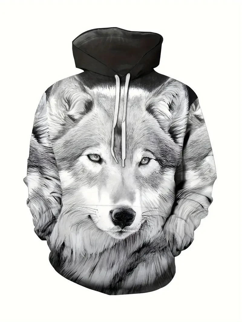 Fashion Men's Hoodie Wolf Print Sweatshirts Harajuku Hooded Shirt Y2k Pullover Casual Clothes Streetwear Top Men's Clothing