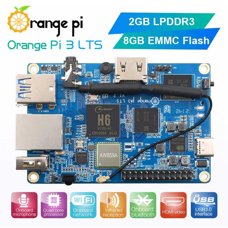 Orange Pi 3 LTS 2GB LPDDR3 8GB EMMC AllWinner H6 SoC Mini Computer WiFi BT5.0 Gigabit Ethernet Run Android 9.0 Ubuntu Debian OS