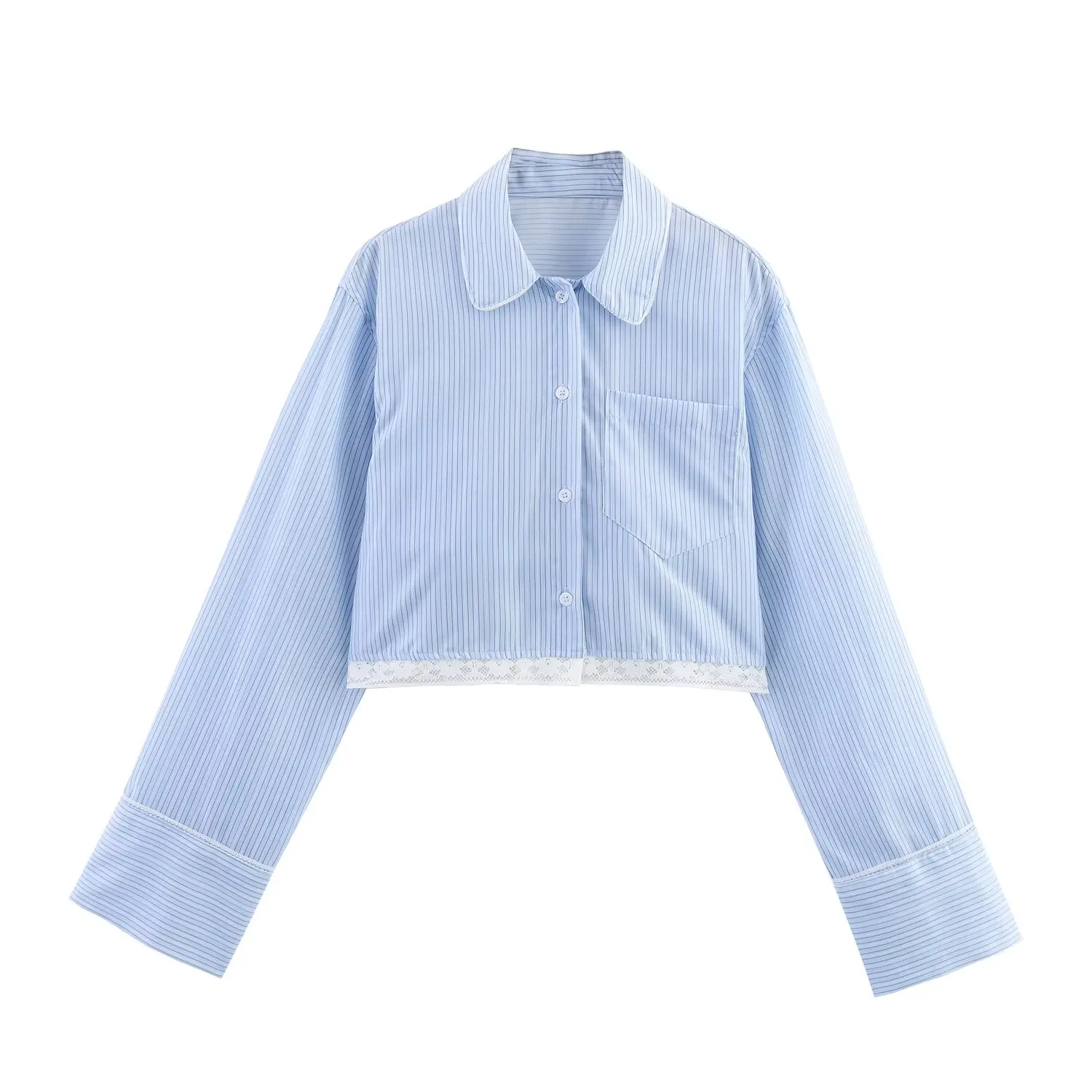 

2025 New Women's Clothing European and American Style Fashion Splicing Striped Long Sleeve Lace Shirt
