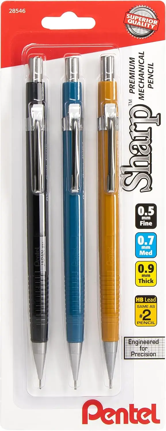 

Mechanical Pencil 3 Pack: 0.5mm, 0.7mm, 0.9mm Lead, Assorted Colors, Strong 4mm Tip for Drafting