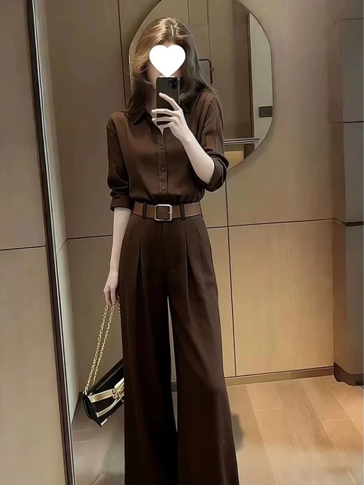 Spring Autumn Chic Brown Pant Sets Women Stylish Ageless Collection Crafted Cotton Blend Casual Wear Long Sleeves Matching Sets