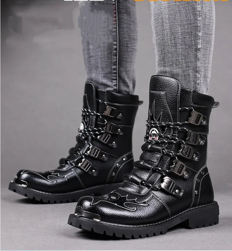 

Велосипедные ботинки, мужские уличные мотоциклетные ботинки на четыре сезона, повседневные кожаные ботинки больших размеров с высоким берцем, модные нескользящие ботинки