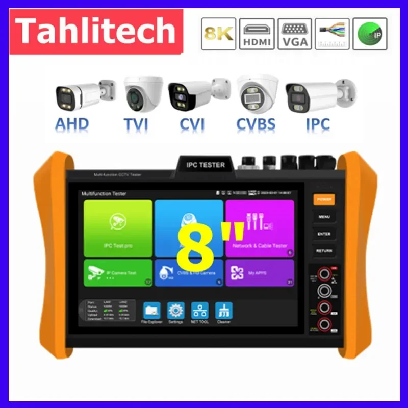 

H12 Professional IP Camera Tester 8 Inch 8K H.265 IP 8MP AHD/TVI/CVI All-in-one CCTV Camera Tester Support POE++, SFP Module