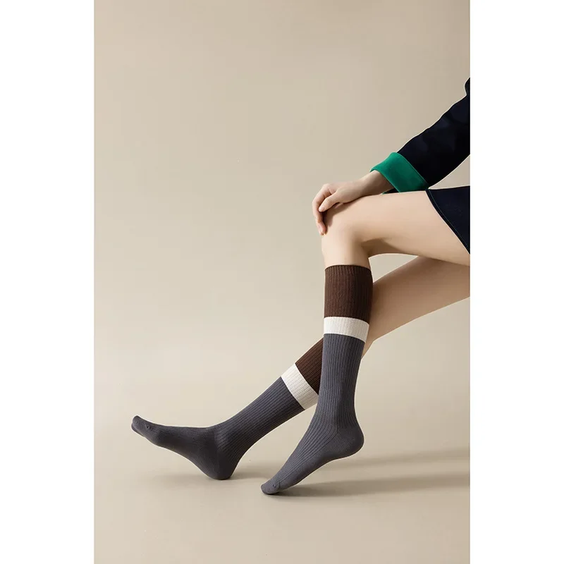 Winter New Minimalist Striped Color Blocked Women Long Tube Socks Thickened Warm Lady Micro Pressure Slimming Socks