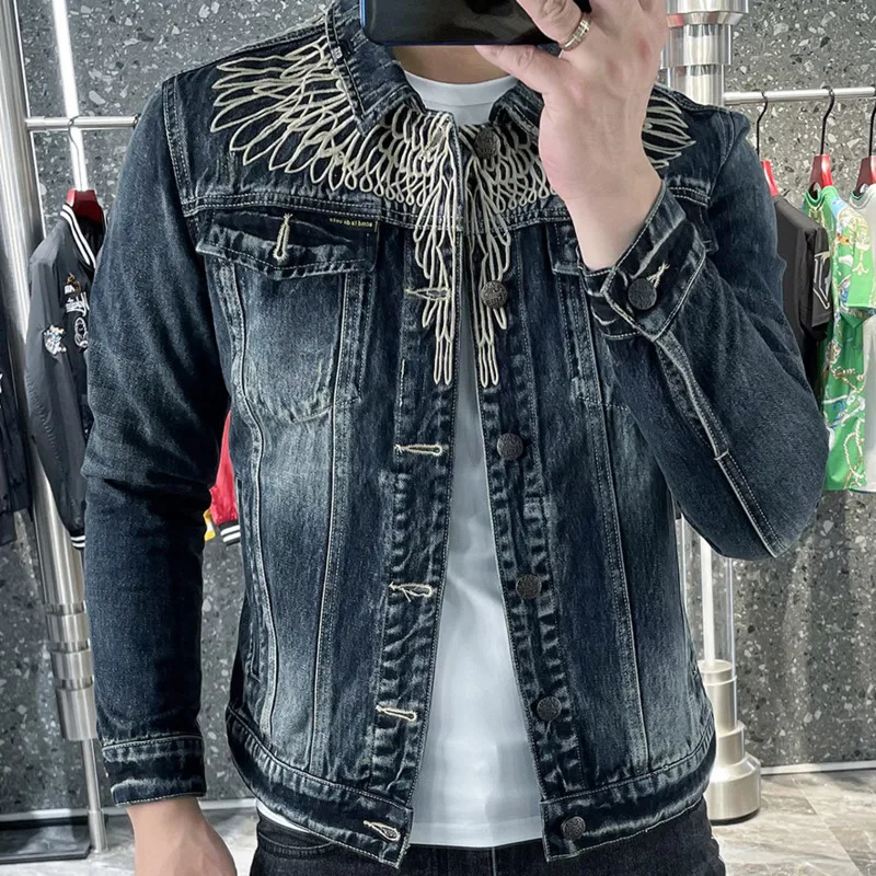 Trendy Brand Wings Embroidered  Denim Jacket For Men Fashion Ripped Button Jeans Jacket Outfit Coat Men 2022 Streetwear Jacket