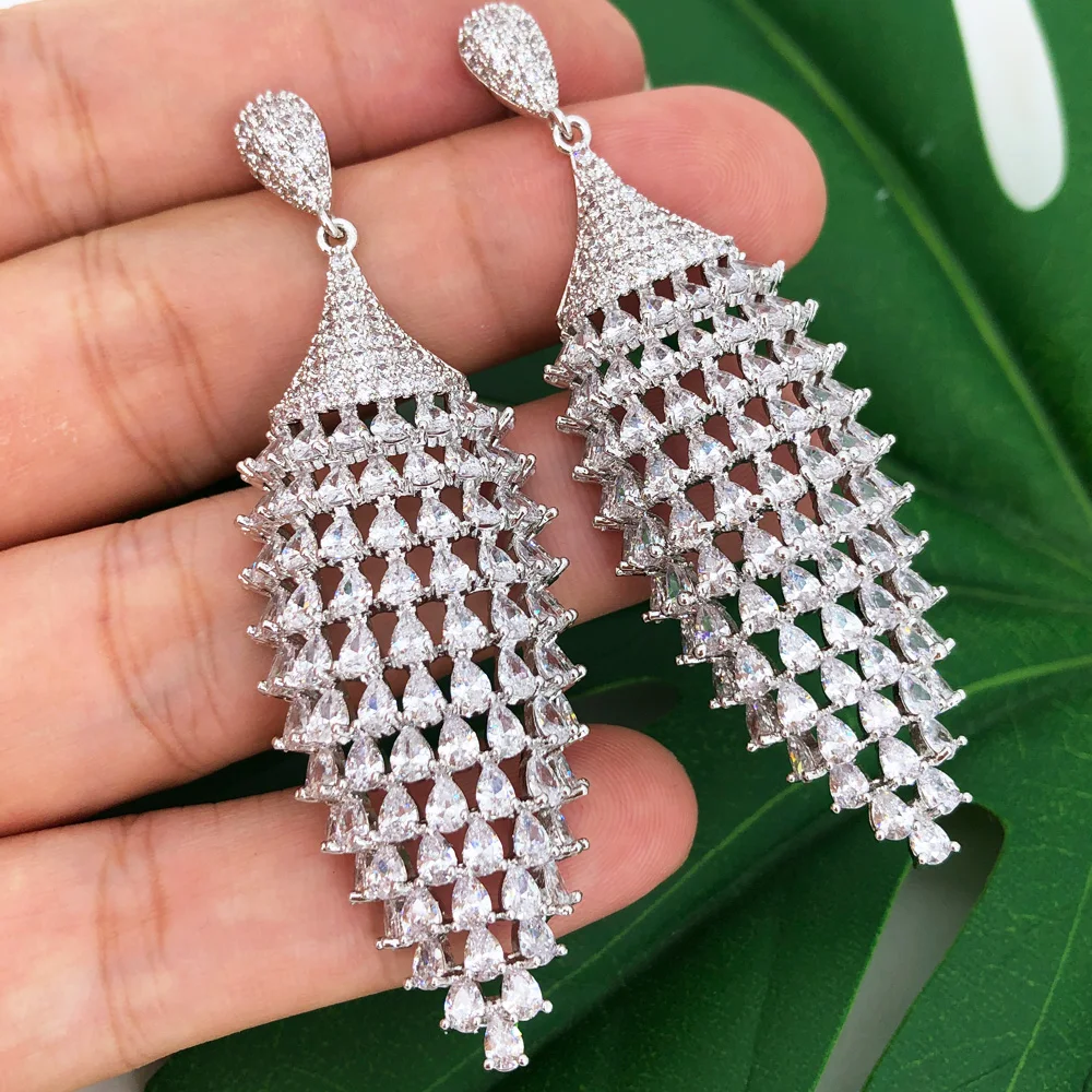 

Missvikki Full Mirco CZ Wedding Women Earrings Skeleton Jewelry Trendy Geometric New Fashion Trendy Luxury Long Pendant Earrings