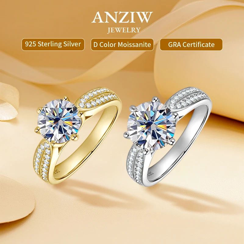 

Anziw искрящееся обручальное кольцо с муассанитом 6,5 мм, 8 мм, 9 мм D для женщин, 100% серебро 925 пробы, кольцо-обещание, сертифицированные ювелирные изделия