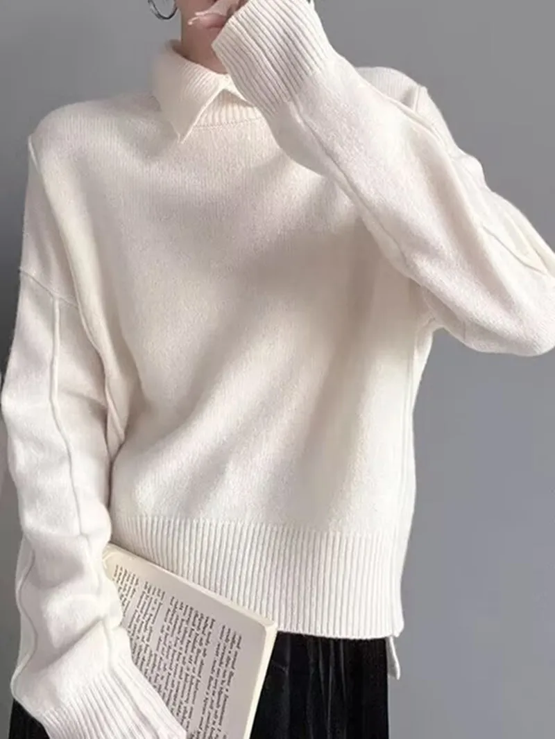 Polo Collar Knitted Sweater 2025 New Autumn Winter Women Elegant Solid Color Sweater Female Soft Pullover Casual Bottom Shirt
