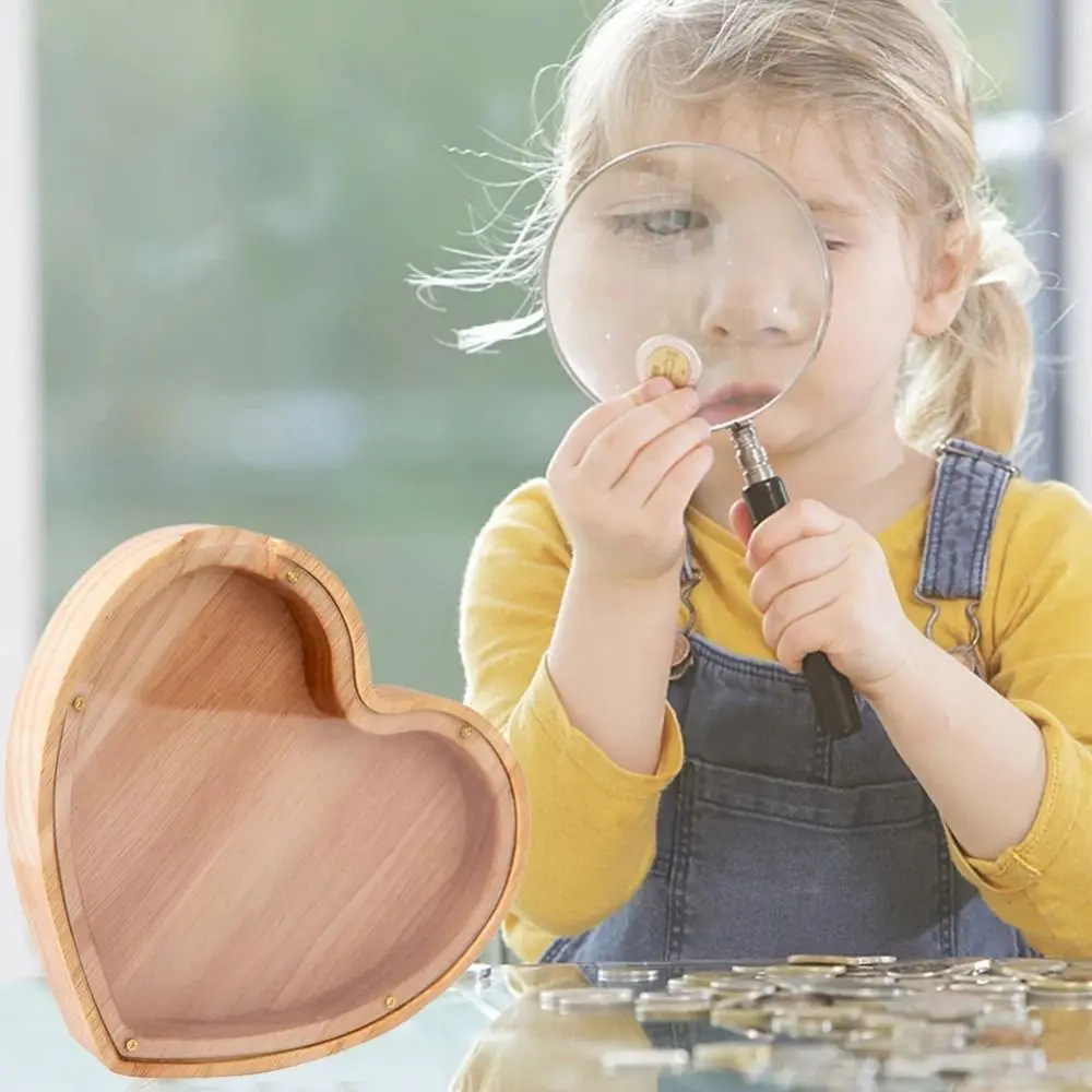 Heart Shaped Wooden Piggy Bank Unbreakable Transparent Coin Container Large Capacity Durable Money Storage Jar Ornament