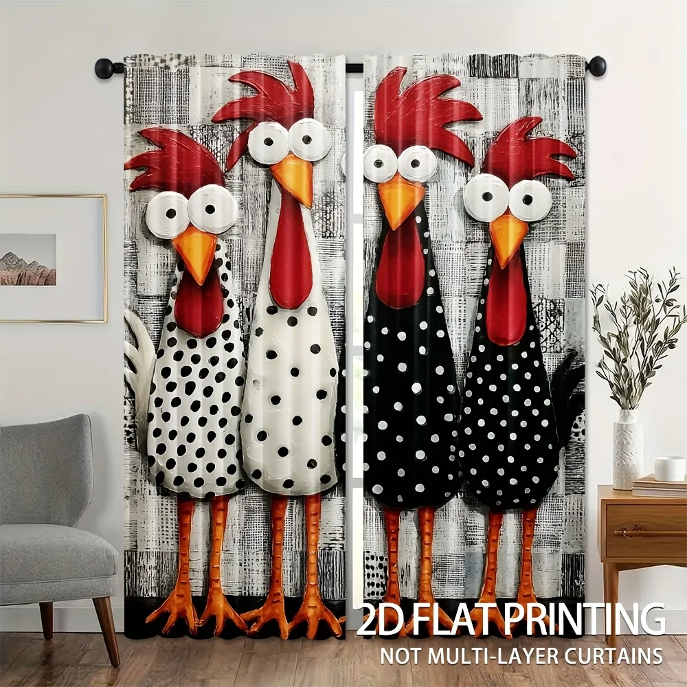 Novelty Rooster Curtain Set Polyester Pop Art Chicken Print Window Drapes Funny Farmhouse Style Bedroom Living Room Decor