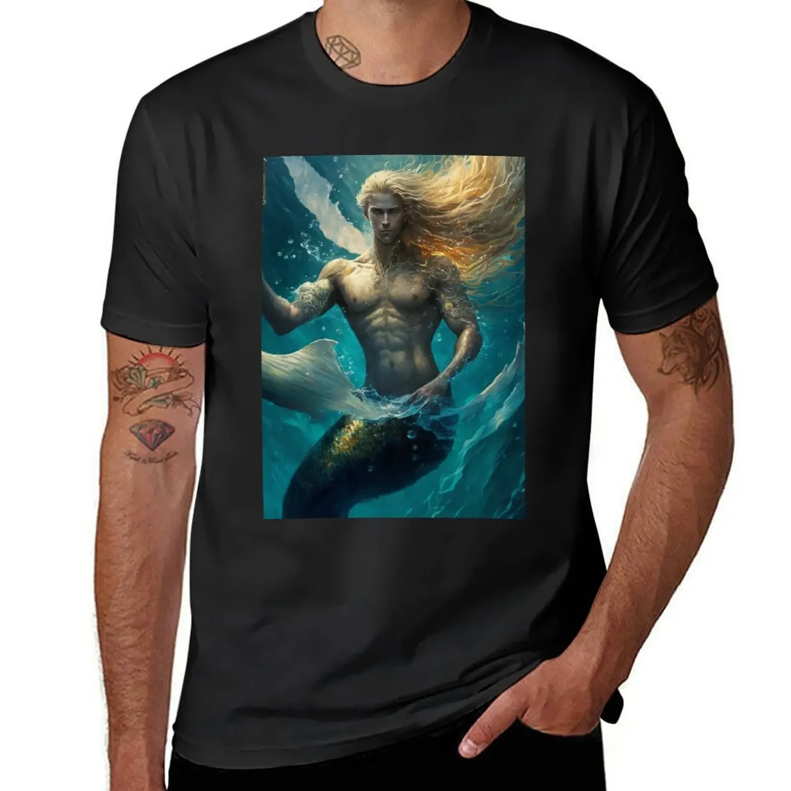 Angelic Blue Eyed Merman with Golden Blonde Flowing Hair in Aqua Hues! T-Shirt graphic tee shirt funny t shirts for men