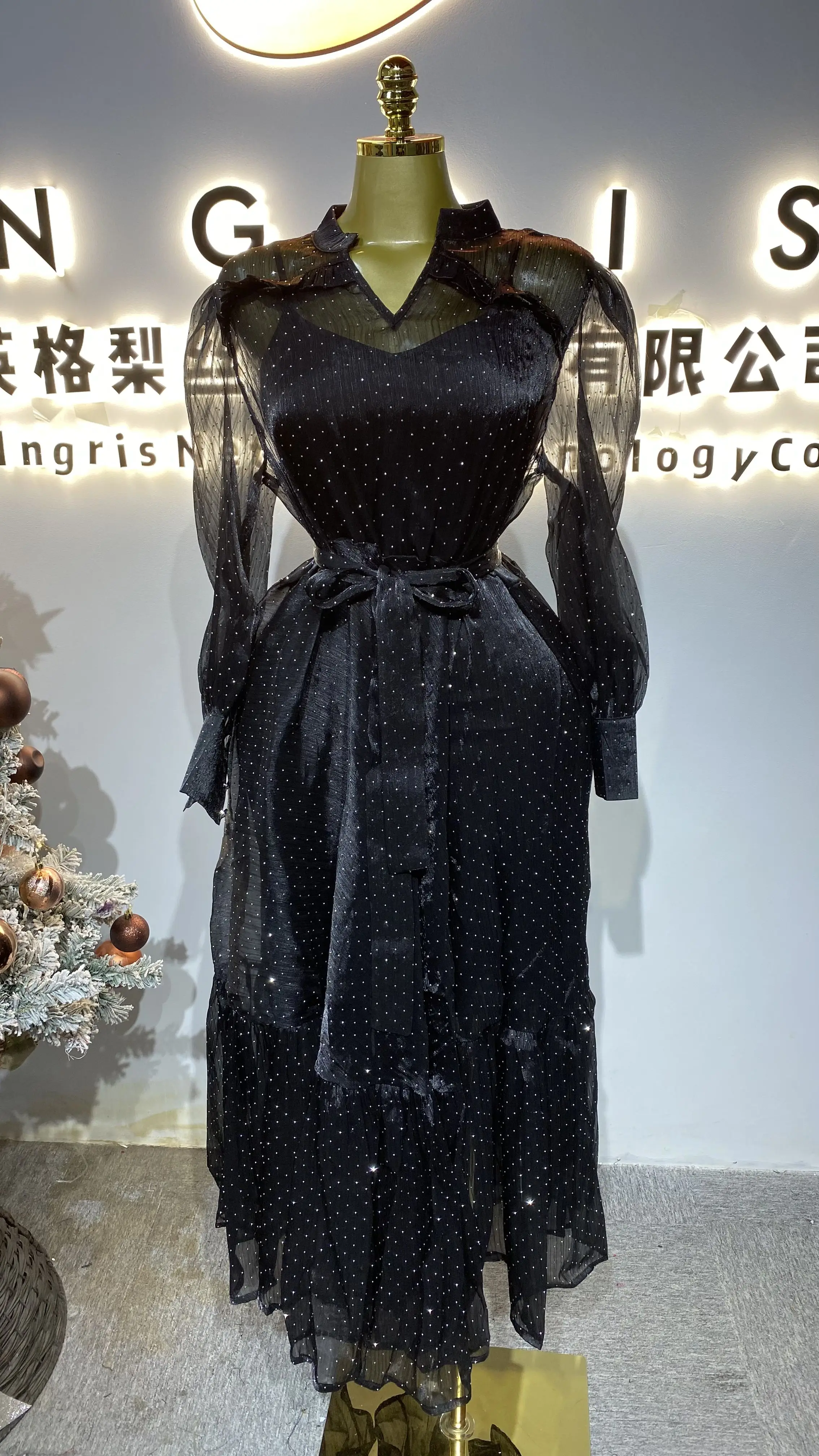 High-end, luxurious, niche sequined embroidered fishtail sheer mesh sleeve elegant evening dress-GZXX471