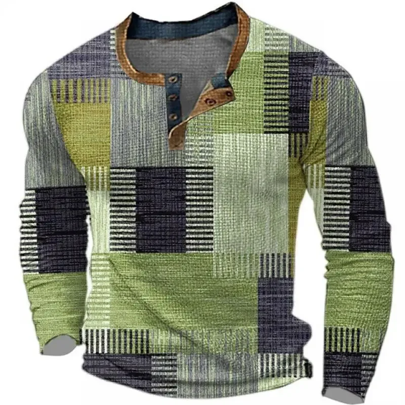 LIBIELIY Mens Long Sleeve T Shirt Henry Collar Patchwork Casual Tshirt Man Vintage Print Tees Spring Autumn Tops Mens Clothing S