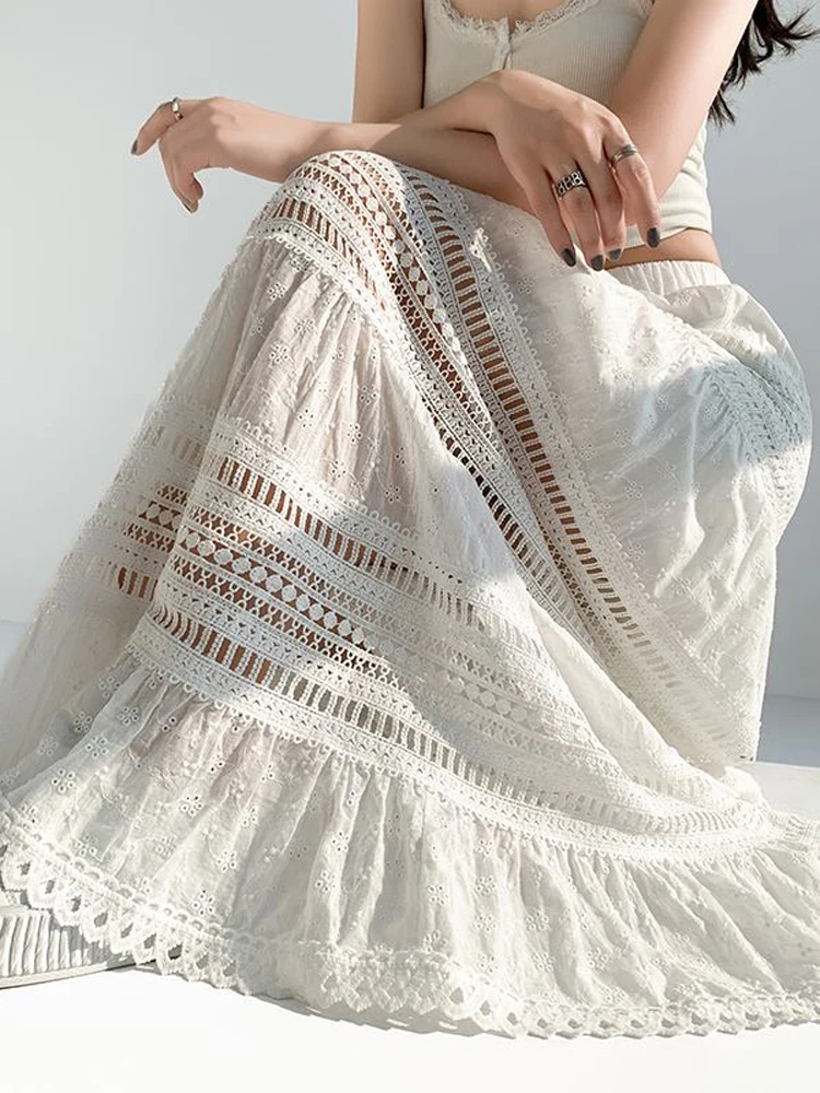 

White Ballet Sle f Skirt Women's Summer 2025 New High Waist Design Hollow out Lace A-Line Long Skirt Cake Skirt Korean V...